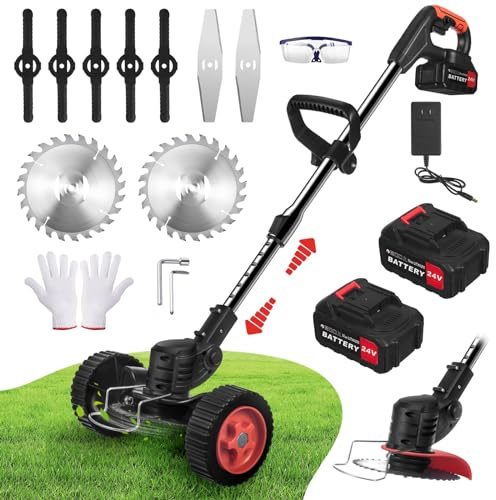 Rasentrimmer mit Akku 21V, Elektrischer Rasentrimmer mit 3 Messertypen, Freischneider akku, 2x2000mAh, Rasenkantenschneider mit Verstellbarer Griff für Garten und Rasen Trimmen