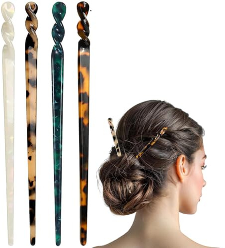 TBCDS 4 Piezas Palillos para el Cabello de Acetato, Horquillas Vintage Chinas para Peinados de Moño, Mini Estilo, Tocado de Carey con Estampado de Leopardo, Retro, Chinos Pelo, Accesorios Pelo Mujer