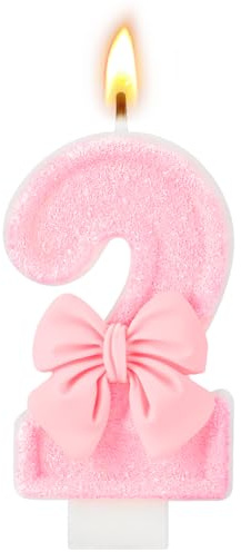 AYESY Geburtstagskerzen Zahl 2, glitzernde Zahlenkerze Geburtstag, 3D Rosa Schleife Geburtstagskerzen, Tortendeko Geburtstagsdeko 2 Jahre Mädchen, Kuchen Topper Dekoration Kuchendeko Geburtstag