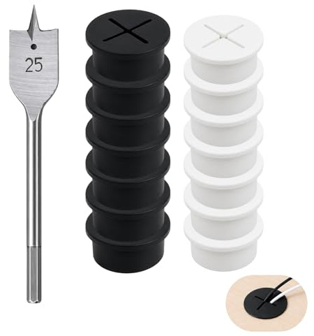 14 Piezas Pasacables Escritorio 25mm Silicona Flexible Set, Pasacables Mesa Escritorio Tapa Pasacables Blanco Negro con Broca, Organizador De Cables Oficina Hogar Muebles Pared Anti-Polvo