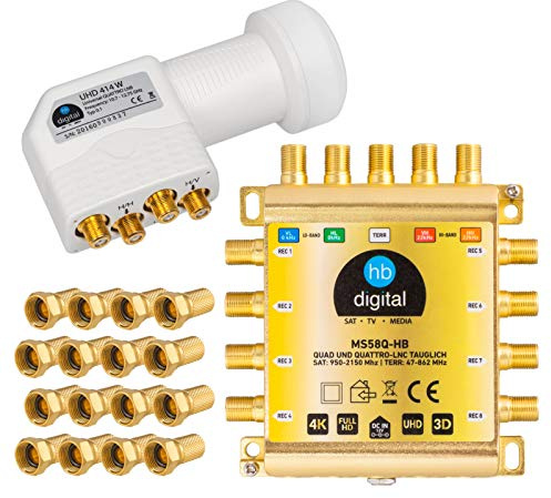 HB-DIGITAL DVB-S/S2 Multiswitch 5/8 + Quattro LNB UHD 414 W bianco + 24 connettori F dorati | Multiswitch per 1 SAT, 8 partecipanti | Quad | incl. alimentatore di rete | MS58Q-HB | FullHD 4K UHD