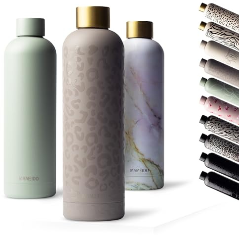 MAMEIDO Gourde Isotherme 1 l, Bouteille Isotherme inox, étanche, sans BPA, conserve le froid à 24h, la chaleur 12h (Sleek Leo Gold)