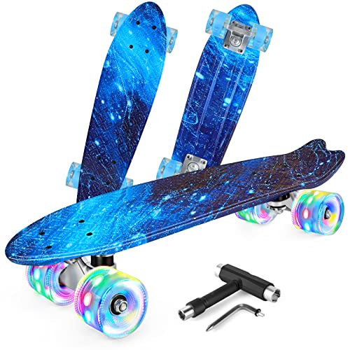 BELEEV 22 inch Skateboards for Kids, Cruiser Skateboard for Beginners Girls Boys Teens Adults, Mini Skateboards Classic Complete Skate Board with Skate T-Tool, Max Load 220 LBS (Galaxy Blue)