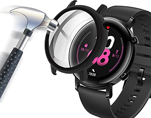 Acadeny Hülle Mit Gehärtetes Glas Displayschutz Kompatibles für Huawei Watch GT2 42 mm, 9H Härte 360° Rundum Schutzhülle Ultradünne Schutz PC Case Cover für Huawei Watch GT2 42 mm Mit Skala, Schwarz