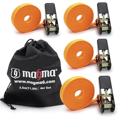 MAGMA 4 Spanngurte mit Ratsche 3,5m I Befestigungsriemen, Dachträger, Anhänger | Längenverstellbare Spannriemen | Binden Sie Kajak, Surfbrett, Kanu, Fahrrad, Motorrad | Last: 1600kgf/Unit. Orange