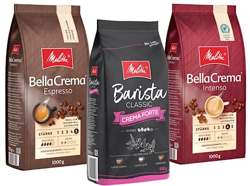 Melitta Probierpaket Unsere Kräftigen BellaCrema Espresso Intenso Barista Crema Forte Ganze Kaffee-Bohnen 3 x 1kg, ungemahlen, Kaffeebohnen für Kaffee-Vollautomat, geröstet in Deutschland