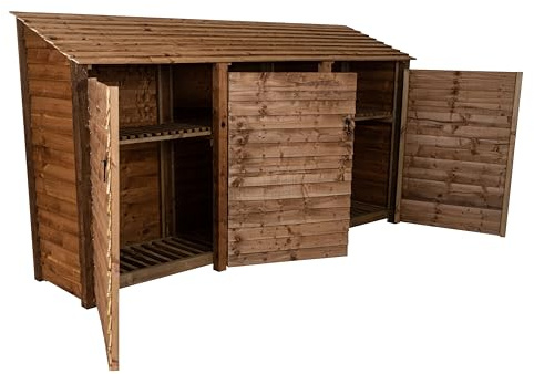 Arbor Garden Solutions wooden log store with doors 6ft, firewood storage (W-335cm, H-180cm, D-88cm), brown finish (With kindling shelf)