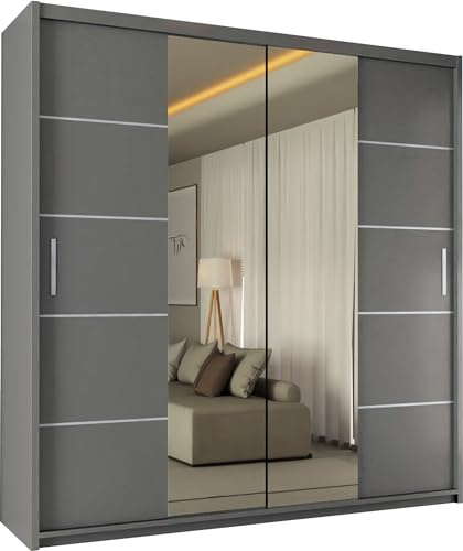 SLIDING WARDROBE 4U Winnipeg Double Door Sliding Mirror Wardrobe with Adjustable Shelves and Hanging Rails (Grey, 180cm)