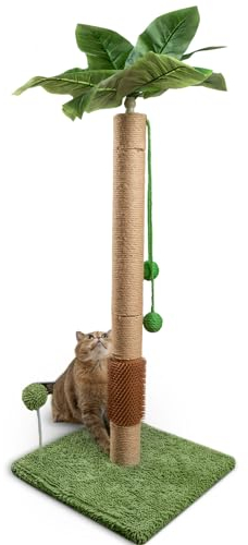 ANWA Poste rascador para Gatos de 35 Pulgadas de Alto para Gatitos y Gatos Grandes, Poste rascador para Gatos de Interior con Cepillo de Goma de autocuidado, Poste de sisal para Gatos con Hojas