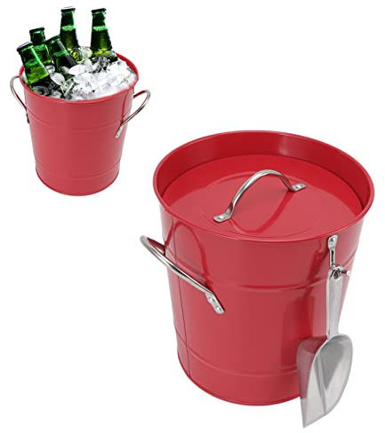 Secchiello per il Ghiaccio con Coperchio e Paletta Ghiaccio Secchio Termico Ghiaccio a Doppia Parete Secchiello Portaghiaccio per Champagne o Vino 19,5 x 20,5 x 16 cm (Rosso)