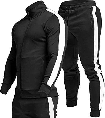 TEZO Men's Casual Active Tracksuits Full Zip Sports Jogging Suits Sets Athletic Running 2 Piece Sweatsuits with Zip Pockets(BKWT L)