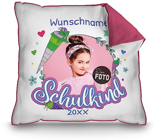 Print Royal PR Kissen zur Einschulung selbst gestalten - Schulkind mit Foto, Name und Jahr personalisiert - Zuckertüte Rosa - personalisierte Geschenke zur Einschulung | Rückseite Pink, 40 x 40 cm