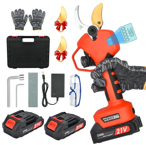 Tijeras de Podar Eléctricas, 50mm Tijeras De Podar Bateria con Display, Baterías 2x2000mAh, Tijera Podar Profesionales 800W con Motor Brushless para Jardinería, Árboles Frutales, Viñedos