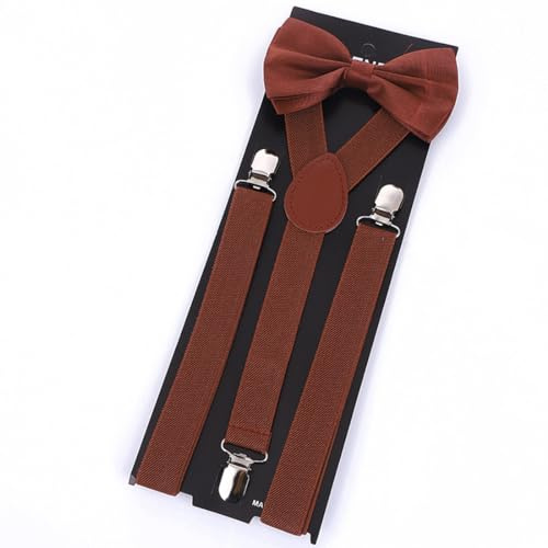 ZAMXHUG Bretelles Homme Larges Réglable avec 3 Clips avec nœud Papillon Assorti - Bretelles en Y élastiques et réglables, pour Hommes avec Pinces et Tissu Épais, 2.5 cm de Large, Brun