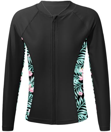 RUNQHUI Barn flicka anti-UV dragkedja badjacka baddräkt topp simning långärmad rashguard 5–16 år, svart, 13-14 �r