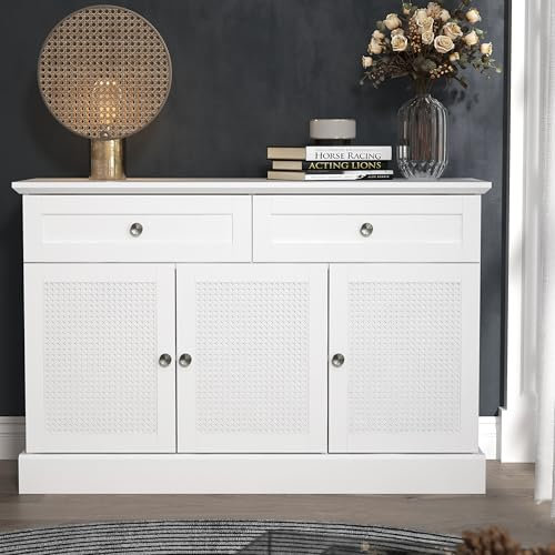 Galano Coventry 3-Door 2-Drawer Sideboard – White Rattan Storage Cabinet with Adjustable Shelves – Buffet Organizer for Living Room, Bedroom, or Kitchen