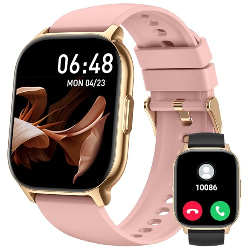 Smartwatch Herren Damen, 2,1 HD Smart Watch Telefonfunktion, Fitnessuhr Pulsuhr 130+ Sportmodi, IP68 Wasserdicht, Sportuhr Herzfrequenz Chlafmonitor Schrittzähler 2 Armband, für Android iOS-Rosa