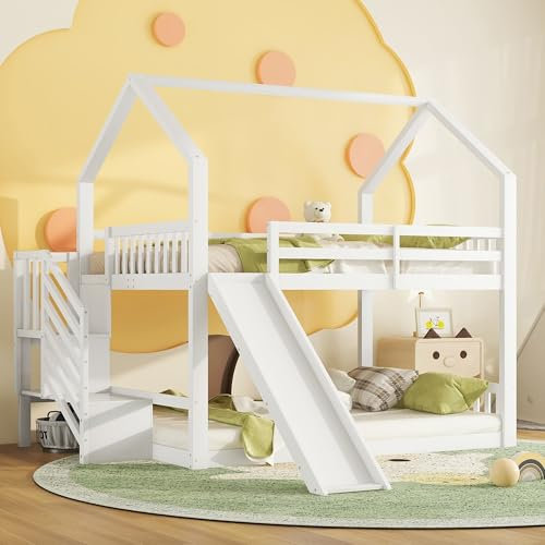 Lcoho Litera con escalera de almacenamiento y tobogán, cuna, cuna con barandilla, adecuada para niños, cama de madera, adolescentes (blanco, 140 x 200 cm)