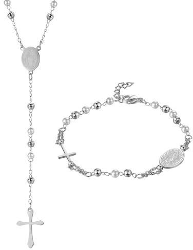 Flongo 2 Stücke Rosenkranz Armband Halskette: Schmuck Set mit Kreuz Anhänger Katholische Jungfrau Maria Gold Schwarz Rosenkranz Edelstahl Verstellbares Armkette Kette Religiöser Schutz Virgin Mary