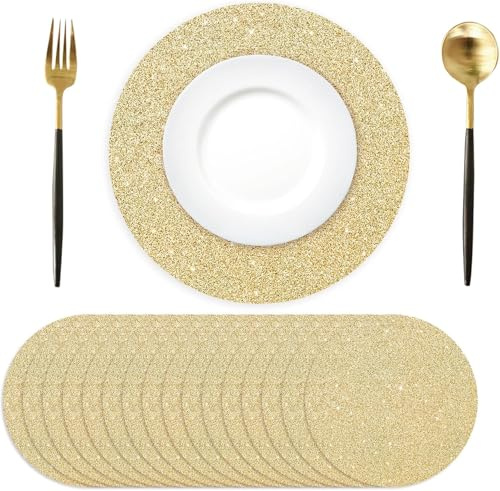50 Stück goldene Papier-Platzsets, runde 34 cm Einweg-Glitzer-Tischsets, dekorative Platzsets für Esstisch, Hochzeit, Bankett, Zuhause, Weihnachten, Neujahr, festliche Party, Geburtstag, Feiertag