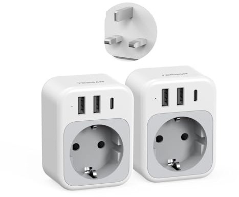 TESSAN Lot de 2 Adaptateur Prise Anglaise, 4 en 1 Prise UK avec USB C et 2 USB A, Anglaise Adapter Francais 3250 W, Adaptateur UK vers France, Type G pour Irlande Écosse Saoudite