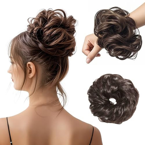 Qkepcy Extension Capelli Ricci Sintetici Marrone Scuro Elastico Per Chignon Voluminoso Accessorio Per Acconciature Posticcio Per Capelli Extension Per Chignon(D)