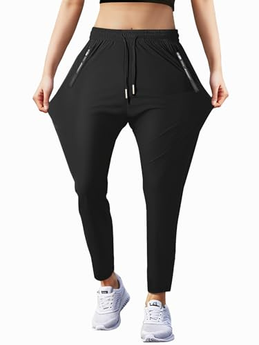 Hidkat Women's Sports Jogging Pants with Zipper Pocket Women's Hiking Fitness Tracking Workout Pants Black