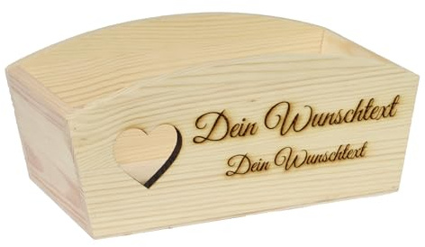 CHICCIE Geschenkkorb Personalisierbar Wunschtext mit Herz 24x13x8cm Abgerundet Präsentkorb Holz Geschenkidee Holzkiste Hochzeit Geburtstag Ruhestand Personalisierung