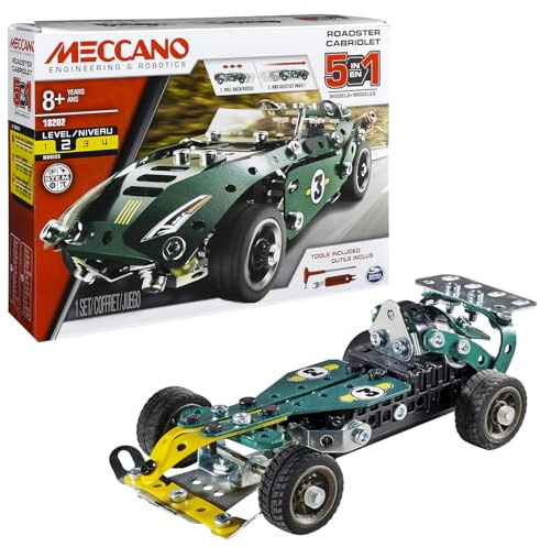 BANDAI - Meccano Retro-Friktions-Cabriolet - Konstruktionsset 5 Modelle - 225 Teile, Rückzugsmotor, Werkzeuge, Anleitung - Bausatz Auto zum Zusammenbauen - Spielzeug ab 8 Jahren - APM20102
