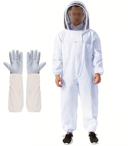 ERMWALR Imker-Schutzanzug mit Handschuhen, kompletter Imker-Schutzanzug, Imkerausrüstung mit Schutzmaske und Kapuze, weißer Imkeranzug für Damen und Herren (XL)