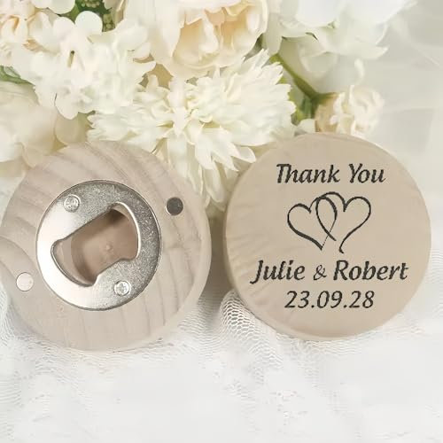 HDLOVE Abridor de Botella Redondo de Madera Personalizable Grabado para Boda, Fiesta de Jubilación Recuerdos Personalizados Nombres/Fechas/Icono Chic Rústico Imán de Nevera(30PCS)
