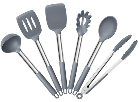 HaWare Kitchen Utensils Set, 6 Pcs Silicone Cooking Utensils Set with Stainless Steel Handle, Non-Stick Cooking Tools Turner Spatula Spoon Tong, Heat Resistant & Non-Scratch, Dishwasher Safe-Grey