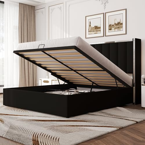 LUXOAK Polsterbett 140x200 mit Stauraum, 115 cm hohes Kopfteil mit Chrom-Spiegel-Design, Hydraulischer Hebemechanismus, Lattenrost, Massivholzrahmen, Schwarzer Samt – Ohne Matratze