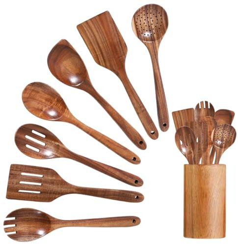 7 Pcs Wooden Spoons for Cooking, Spatulas for Cooking, Wood Non-Stick Cooking Spoons, Long Handle Wooden Spatula, Kitchen Utensils for Turning, Stirring, Heat Resistant