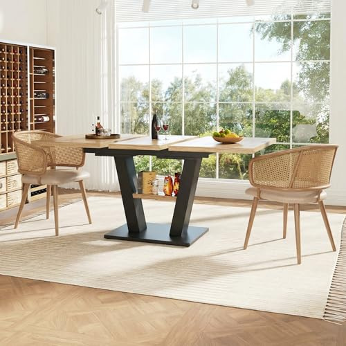 Zenithz Esstisch-Set 3-teilig Ausziehbar 118-157 cm, Küchentisch mit 2 Rattanstühlen & PU-Leder-Sitzkissen, V-Bein Tisch für 2-6 Personen, Esszimmer-Set für Küche Wohnzimmer & Café
