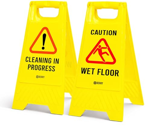 Berry Caution Wet Floor Sign Yellow | Cleaning in Progress Floor Sign Type A Foldable | 2 in 1 Double-Sided Free Standing Slippery Warning Sign for Shops, Hotels, Restaurants & Malls - Set of 2