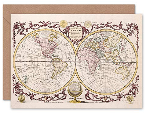 Fine Art Prints Map Of The World Vintage Greeting Card With Envelope Inside Premium Quality