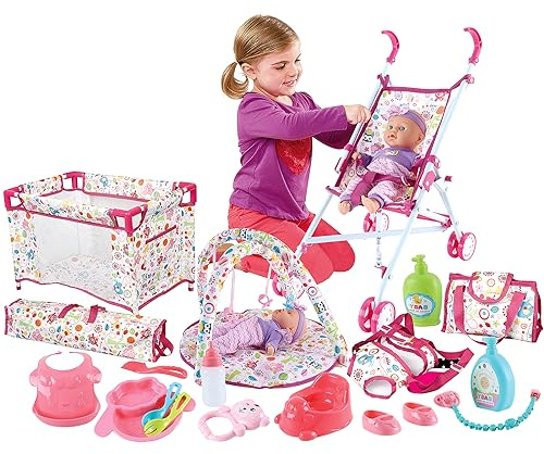 deAO Role Play Games rol 5 en 1 para niños con tapete de Juego, muñecos, Cuna, portabebés, Cochecito y Bolsa de Viaje, Accesorios para Muñecas, Color, 59 x 12 x 38 Centimeters