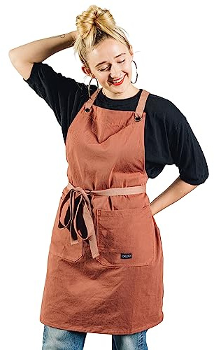 Caldo Crossback Kitchen Apron for Cooking - Mens and Womens Professional Chef or Server Bib Apron - Adjustable Crossback Style - Rustic- Midweight Cotton (Terracotta)