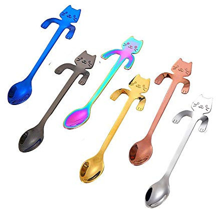 6 PCS Cat Spoon Coffee Tea Spoon, ESRISE Coffee Gifts for Men Christmas Gifts Birthday Gifts, Stainless Steel Hanging Cup Teaspoons Mini Cute Kitten Stirring Spoon (Multicolor)