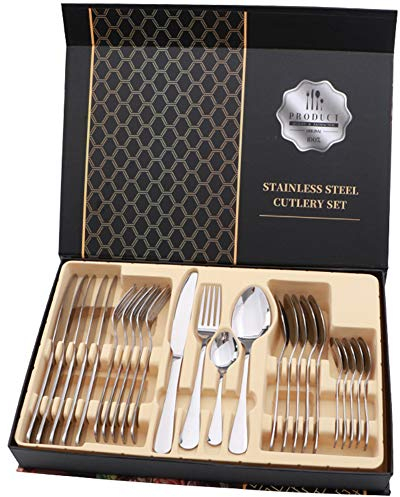 rismart 24 Pezzi Set di Posate Posati Argenteria, Includere Coltello, Forchetta, Cucchiai da minestra, Cucchiaini da caffè,Argento