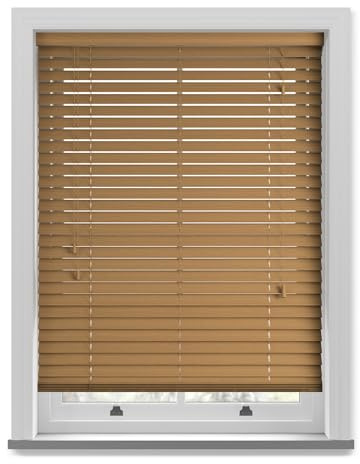 Made to Measure Fine Grain Faux Wood Venetian Blind with Strings - Truffle | Custom made fine grain 50mm slat faux wood Venetian blind with strings. Up to 120cm x 130cm. Moisture resistant.
