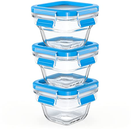 EMSA Clip & Close Glas Frischhaltedosen-Set, quadratisch, 0,18 L, 100 Prozent dicht, rutschfestes Stapeln, Glasbehälter spülmaschinen-, gefrier-, backofen-, mikrowellenfest, Rot, Transparent, N10507