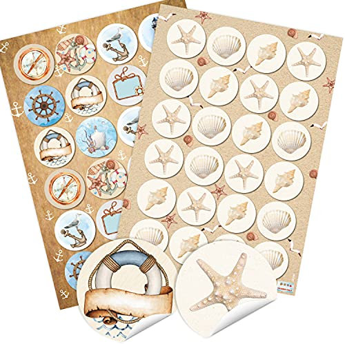 Maritime Aufkleber, 48er Set: Bunte Sticker mit Muscheln, Seestern, Boot, Anker, Rettungsring & Leuchtturm, Deko Sommer Klein, Meer & Strand, Maritim für Karten, Geschenke & Party, Dekosticker, Ø 4 cm