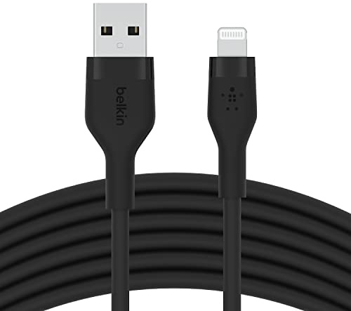 Belkin BoostCharge Flex Silikon-USB-A/Lightning-Kabel, 3 m, MFi-zertifiziertes Ladekabel für iPhone 14/14 Plus, 13, 12, 11, Pro, Max, mini, SE, iPad und andere Geräte – Schwarz