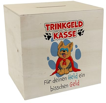 Spardose aus Holz für Trinkgeld mit Hund und Spruch: Für deinen Held EIN bisschen Geld lustige Kasse für Spenden eine besondere Art und Weise die Gäste beim Frisör oder im