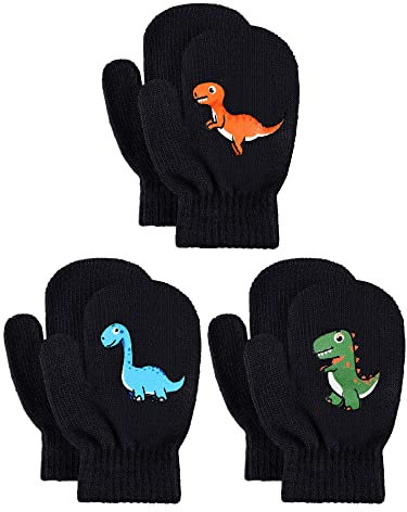Geyoga 3 Paar Kinder Winter Fäustlinge Dehnbar Stricken Handschuhe Dinosaurier Warme Vollfinger Fäustlinge (Klassischer Stil)