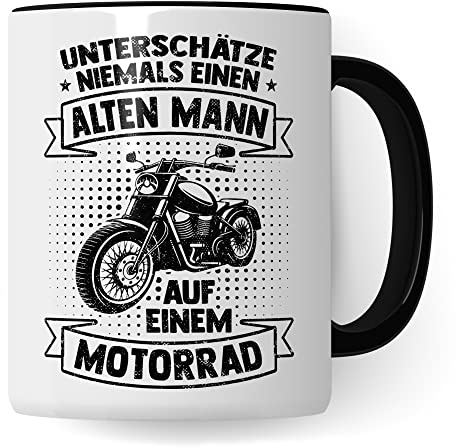 Motorrad Tasse, Unterschätze niemals einen alten Mann auf einem Motorrad, Biker Geschenk Spruch lustig Motiv Geschenkidee Kaffeetasse Motorradfahrer Männer Kaffeebecher (Weiß/Schwarz)