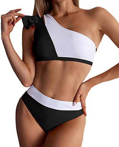 Trajes de Baño de Dos Piezas Mujer Conjunto de Bikini Bandeau Push Up Un Hombro Tops de Bikini+Braguitas de Bikini Cintura Alta Asimétrico Bañador con Volantes Moda Ropa de Baño de Playa EstiloD M