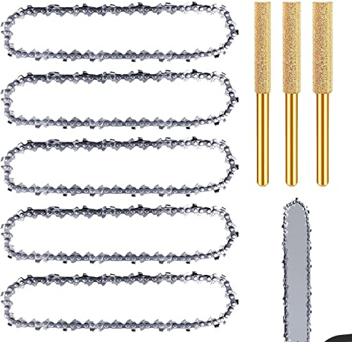 5 Stück Sägeketten 6 Zoll Kettensäge Kette, Kettensägenketten Antriebsglieder Universal Kette für Kettensäge Kompatibel mit allen 6 Mini Kettensägen Zimmerei mit 3 Stück Kettensägenschärfer
